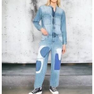 Free People Sandrine‎ Rose small NWT denim distressed unique patchwork jumpsuit